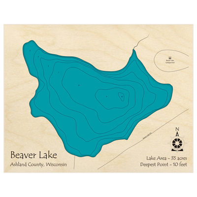 Bathymetric topo map of Beaver Lake with roads, towns and depths noted in blue water