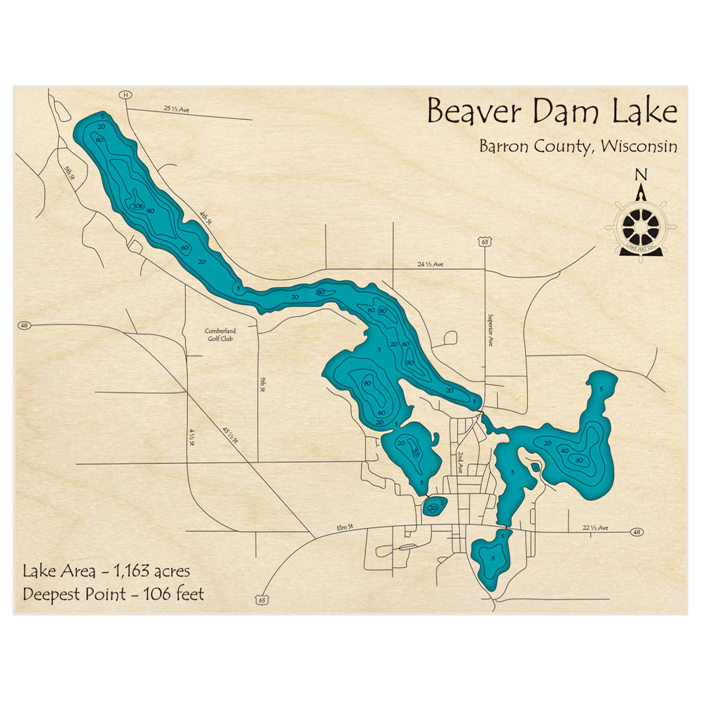 Bathymetric topo map of Beaver Dam Lake with roads, towns and depths noted in blue water