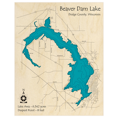 Bathymetric topo map of Beaver Dam Lake with roads, towns and depths noted in blue water