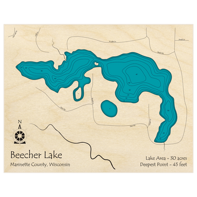 Bathymetric topo map of Beecher Lake with roads, towns and depths noted in blue water