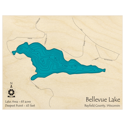 Bathymetric topo map of Bellevue Lake with roads, towns and depths noted in blue water