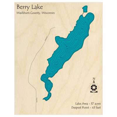 Bathymetric topo map of Berry Lake with roads, towns and depths noted in blue water