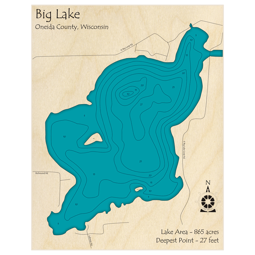 Bathymetric topo map of Big Lake with roads, towns and depths noted in blue water