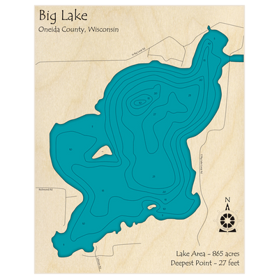 Bathymetric topo map of Big Lake with roads, towns and depths noted in blue water