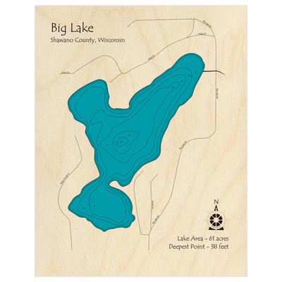 Bathymetric topo map of Big Lake with roads, towns and depths noted in blue water