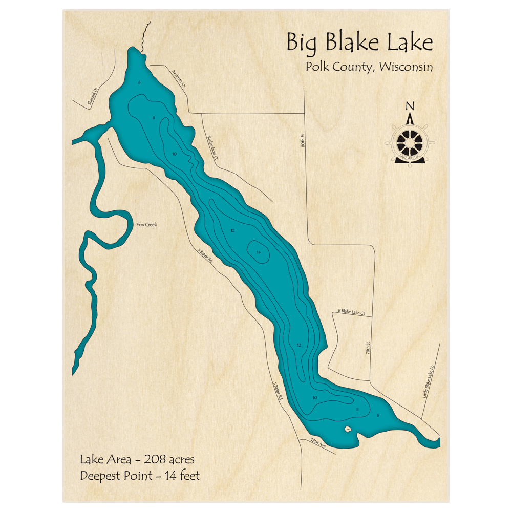 Bathymetric topo map of Big Blake Lake with roads, towns and depths noted in blue water