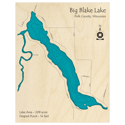 Bathymetric topo map of Big Blake Lake with roads, towns and depths noted in blue water