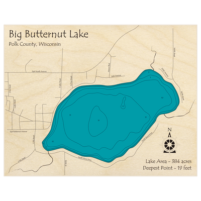 Bathymetric topo map of Big Butternut Lake with roads, towns and depths noted in blue water