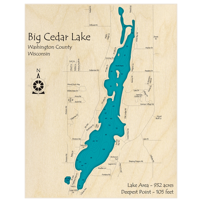 Bathymetric topo map of Big Cedar Lake with roads, towns and depths noted in blue water