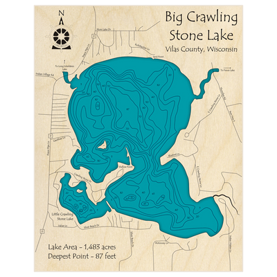 Bathymetric topo map of Big Crawling Stone Lake with roads, towns and depths noted in blue water