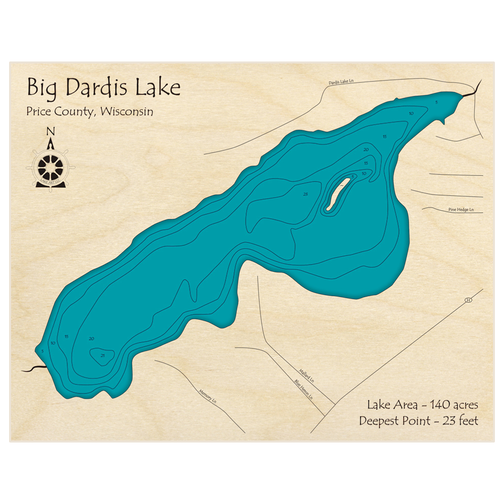 Bathymetric topo map of Big Dardis Lake with roads, towns and depths noted in blue water