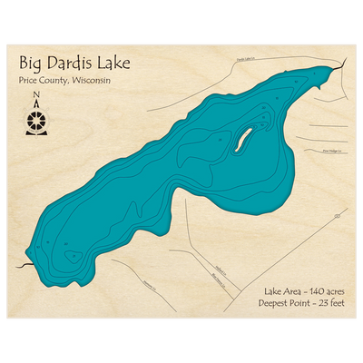 Bathymetric topo map of Big Dardis Lake with roads, towns and depths noted in blue water