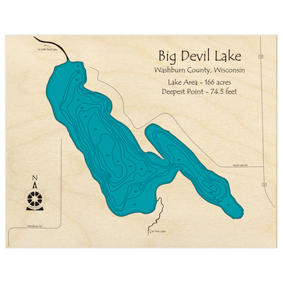 Bathymetric topo map of Big Devil Lake with roads, towns and depths noted in blue water