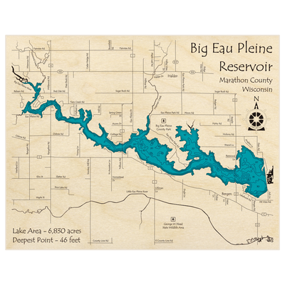 Bathymetric topo map of Big Eau Pleine Reservoir with roads, towns and depths noted in blue water