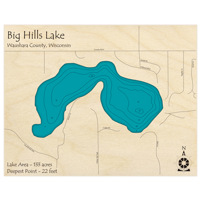 Bathymetric topo map of Big Hills Lake with roads, towns and depths noted in blue water