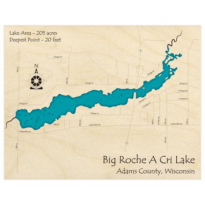 Bathymetric topo map of Big Roche a Cri Lake with roads, towns and depths noted in blue water