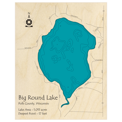 Bathymetric topo map of Big Round Lake with roads, towns and depths noted in blue water