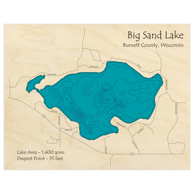 Bathymetric topo map of Big Sand Lake with roads, towns and depths noted in blue water