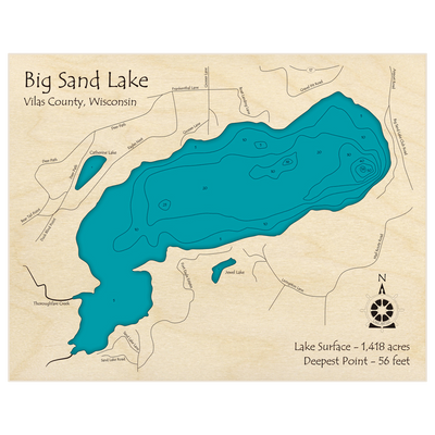 Bathymetric topo map of Big Sand Lake with roads, towns and depths noted in blue water