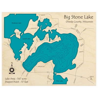 Bathymetric topo map of Big Stone Lake with roads, towns and depths noted in blue water