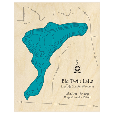 Bathymetric topo map of Big Twin Lake with roads, towns and depths noted in blue water