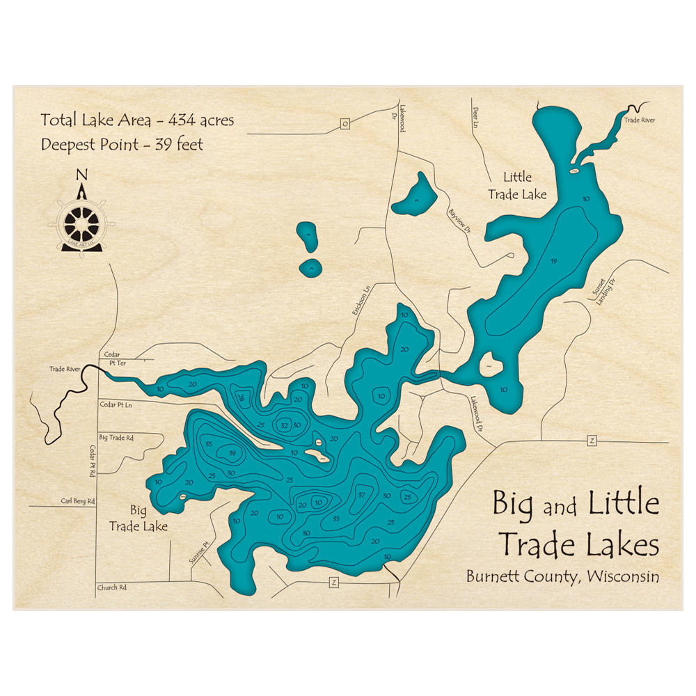 Bathymetric topo map of Trade Lake (Big and Little) with roads, towns and depths noted in blue water