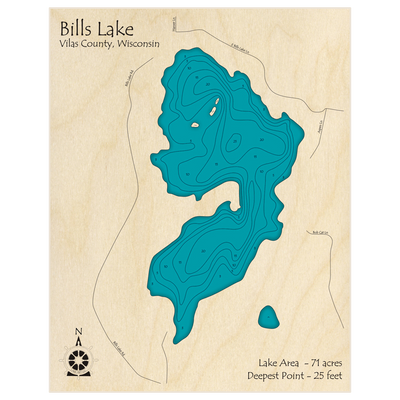 Bathymetric topo map of Bills Lake with roads, towns and depths noted in blue water