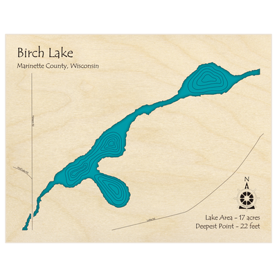 Bathymetric topo map of Birch Lake  with roads, towns and depths noted in blue water