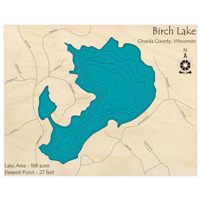 Bathymetric topo map of Birch Lake with roads, towns and depths noted in blue water