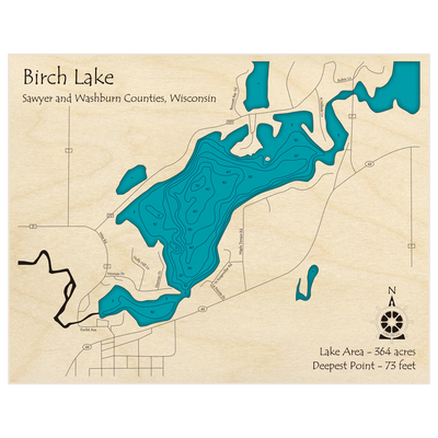 Bathymetric topo map of Birch Lake with roads, towns and depths noted in blue water