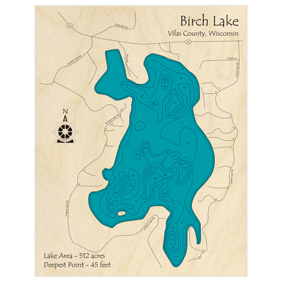 Bathymetric topo map of Birch Lake with roads, towns and depths noted in blue water