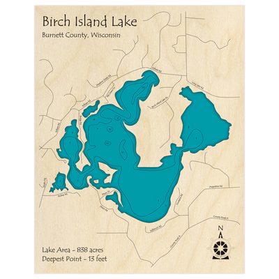 Bathymetric topo map of Birch Island Lake with roads, towns and depths noted in blue water