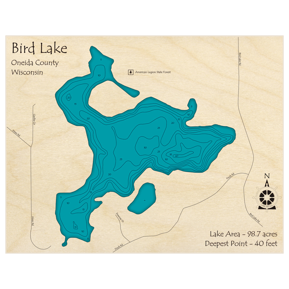 Bathymetric topo map of Bird Lake with roads, towns and depths noted in blue water