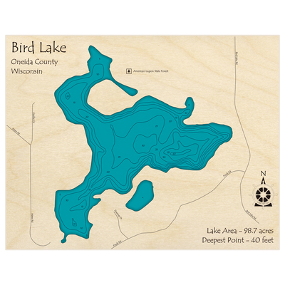 Bathymetric topo map of Bird Lake with roads, towns and depths noted in blue water