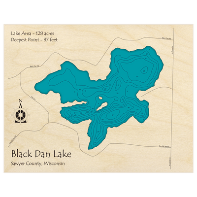 Bathymetric topo map of Black Dan Lake with roads, towns and depths noted in blue water