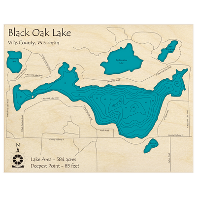 Bathymetric topo map of Black Oak Lake with roads, towns and depths noted in blue water