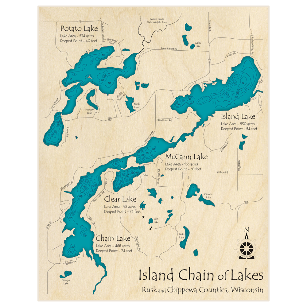 Island Chain Of Lakes 3d Custom Wood Map Lake Art Llc