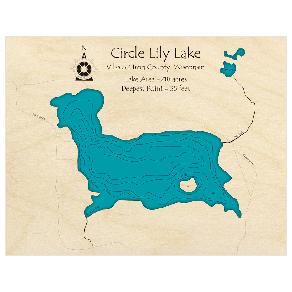 Bathymetric topo map of Circle Lily Lake with roads, towns and depths noted in blue water