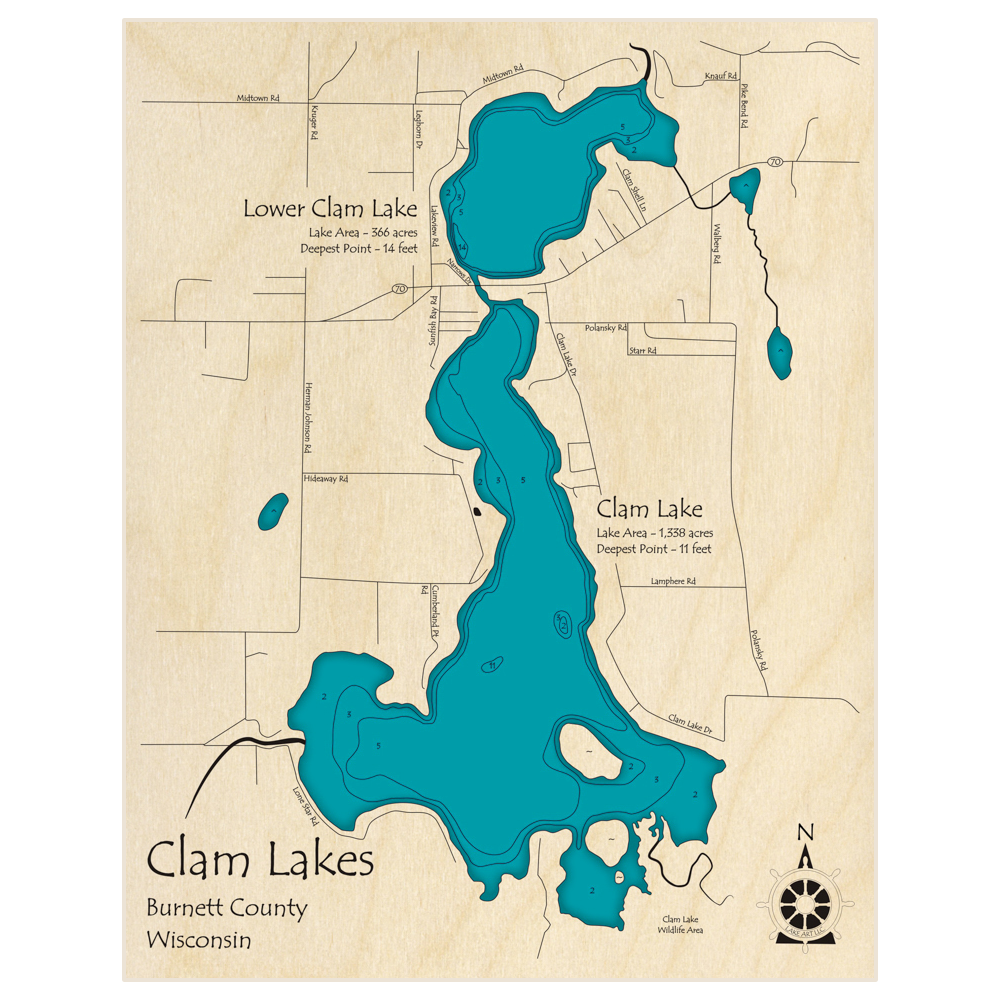 Bathymetric topo map of Clam Lakes (Upper and Lower) with roads, towns and depths noted in blue water