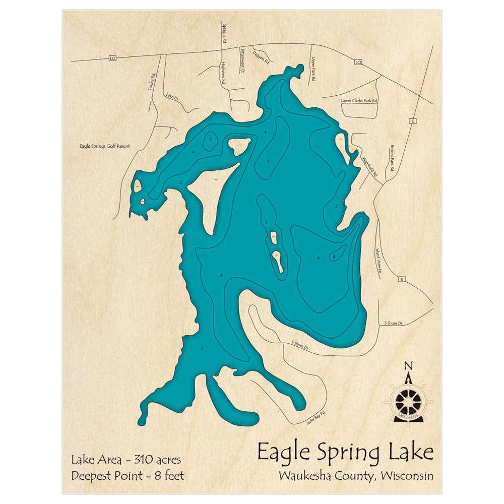 Bathymetric topo map of Eagle Spring Lake with roads, towns and depths noted in blue water