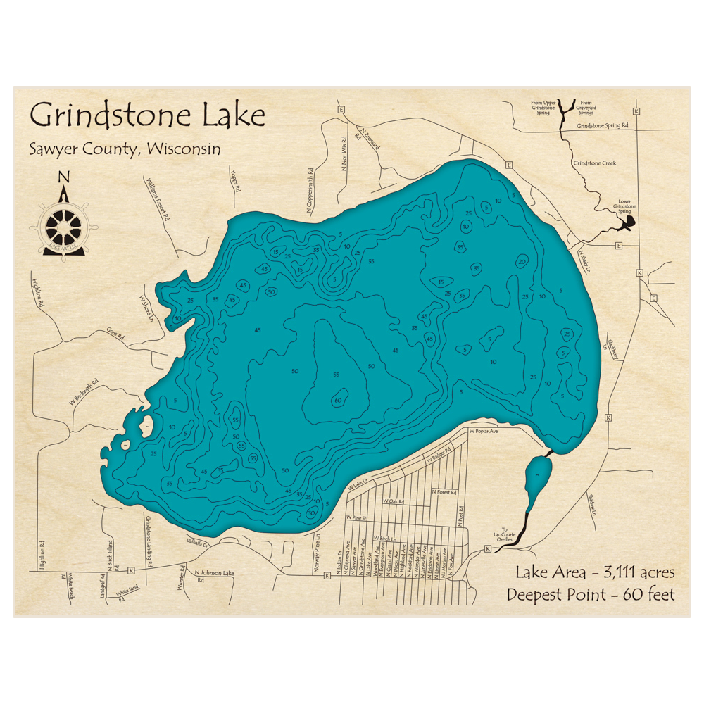 Bathymetric topo map of Grindstone Lake with roads, towns and depths noted in blue water