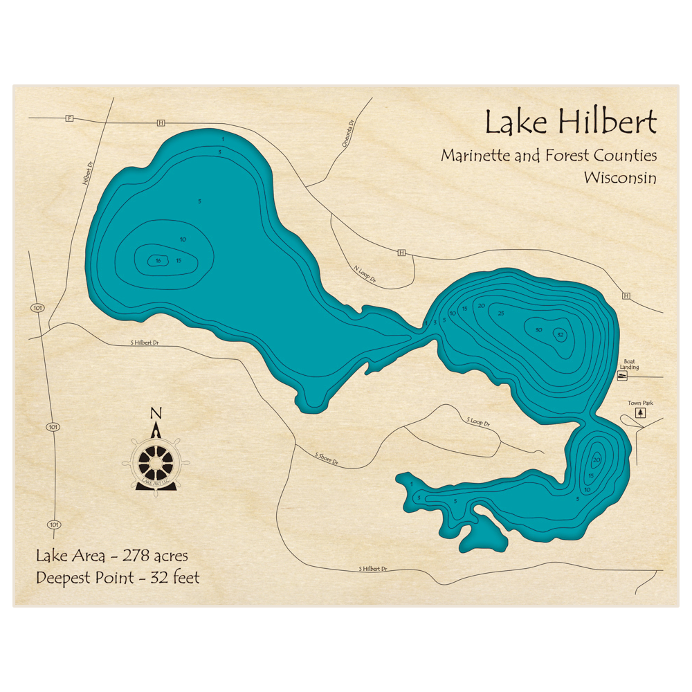 Bathymetric topo map of Lake Hilbert with roads, towns and depths noted in blue water