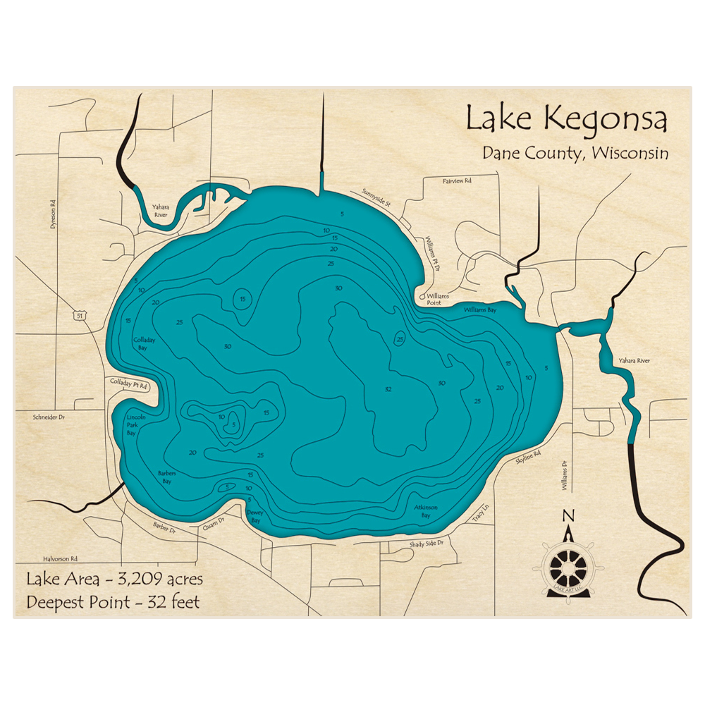 Bathymetric topo map of Lake Kegonsa with roads, towns and depths noted in blue water