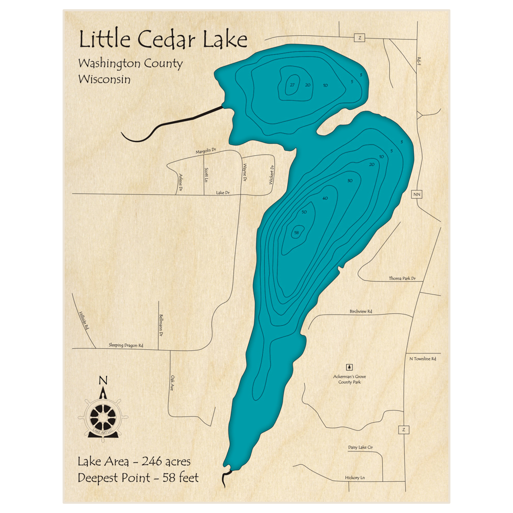 Bathymetric topo map of Little Cedar Lake with roads, towns and depths noted in blue water