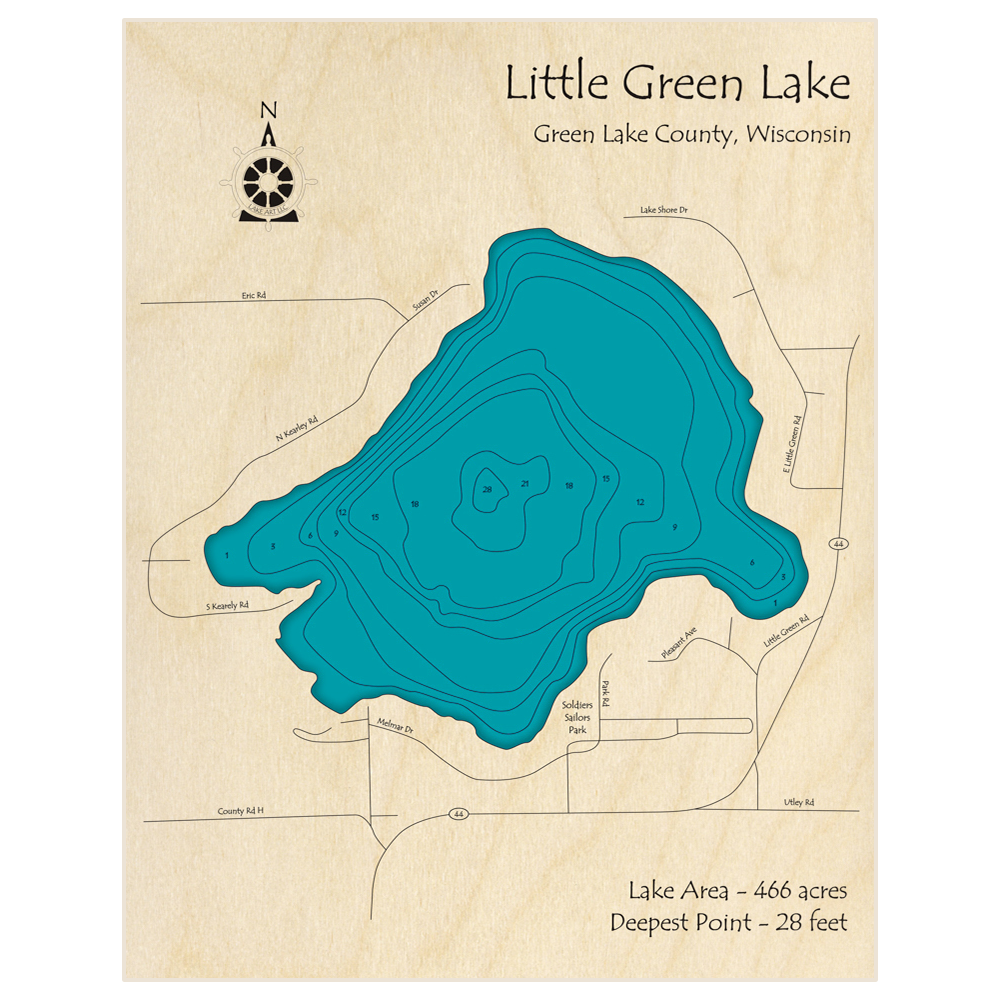 Bathymetric topo map of Little Green Lake with roads, towns and depths noted in blue water