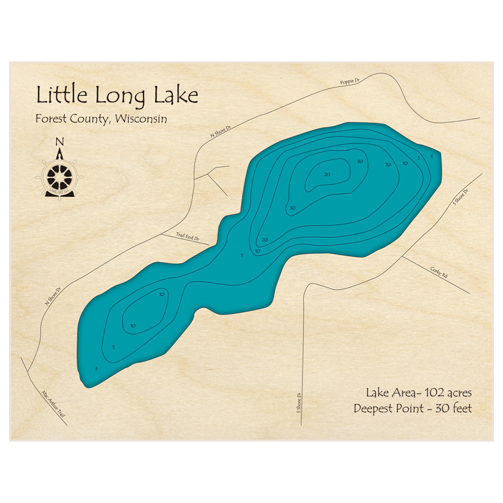 Bathymetric topo map of Little Long Lake with roads, towns and depths noted in blue water