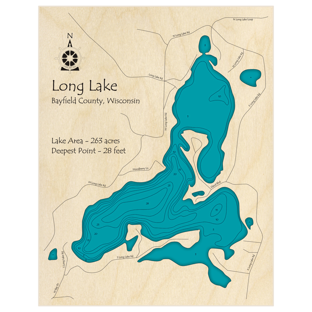 Bathymetric topo map of Long Lake with roads, towns and depths noted in blue water