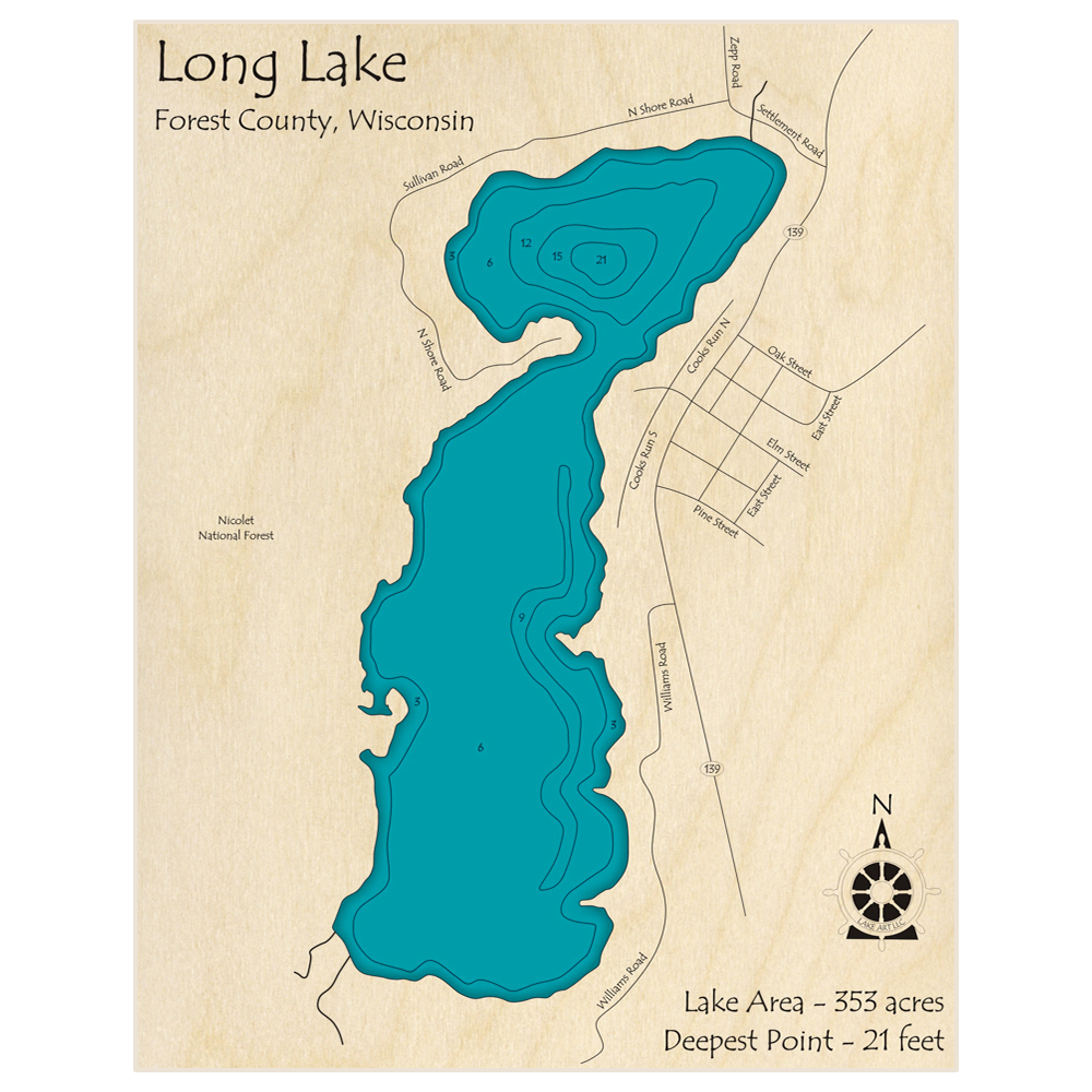 Long Lake 3D Custom Wood Map – Lake Art LLC