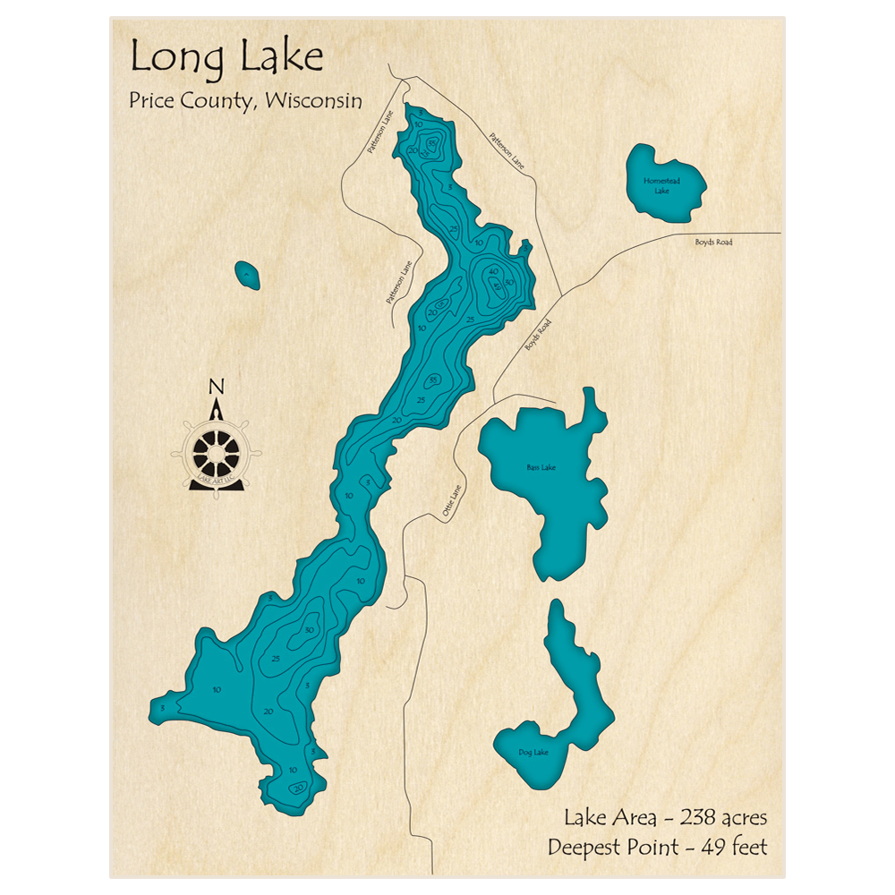 Bathymetric topo map of Long Lake (Zip 54552) with roads, towns and depths noted in blue water