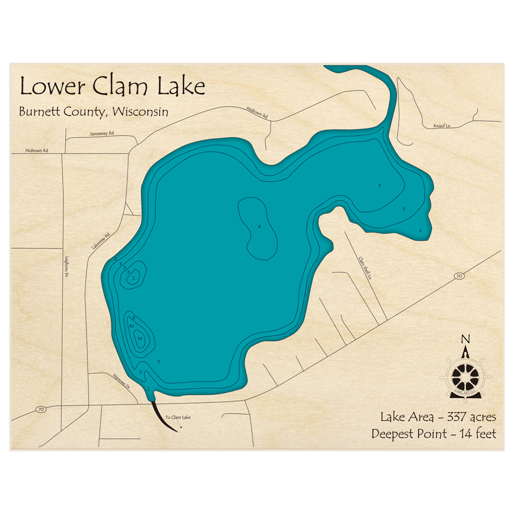 Bathymetric topo map of Lower Clam Lake with roads, towns and depths noted in blue water